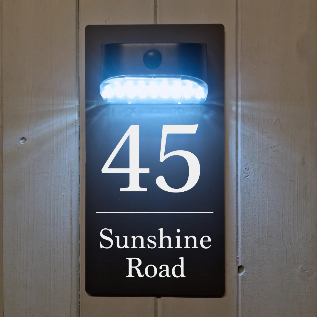 Number & Road Motion Sensor Solar House Sign (Grey/Black)