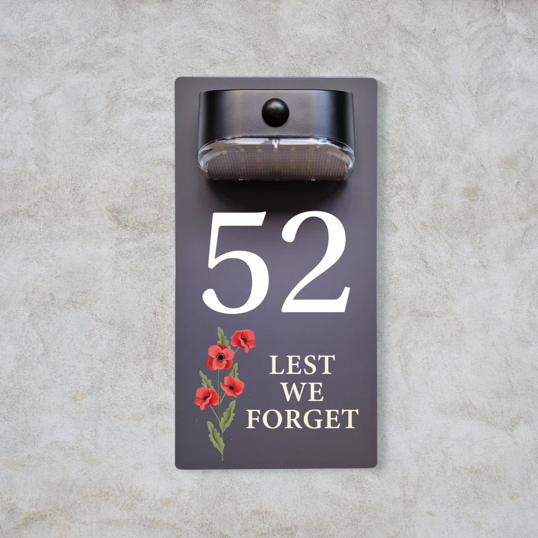 Lest We Forget Motion Sensor Solar House Number Sign