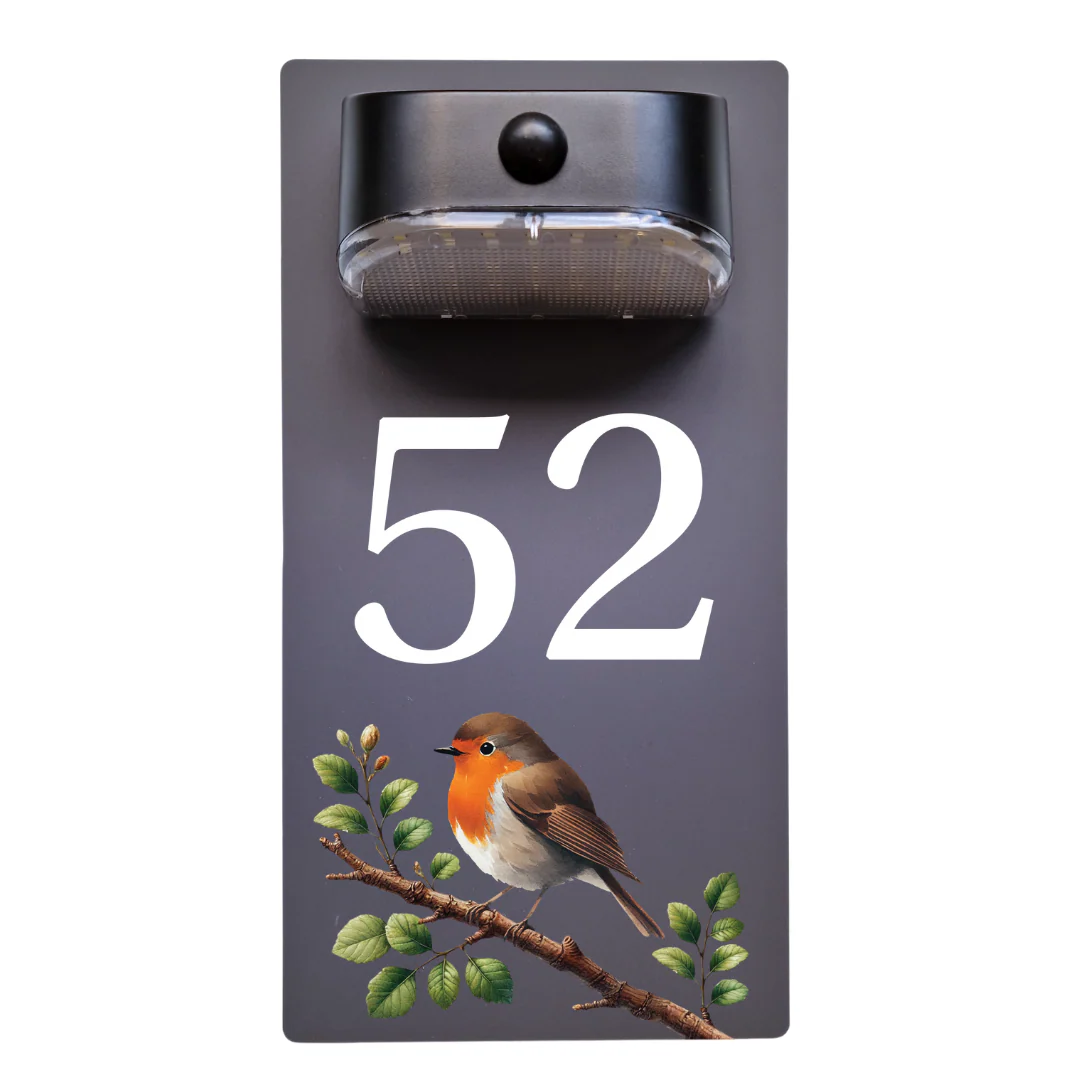 Robin on Branch Motion Sensor Solar House Number Sign - Image 11