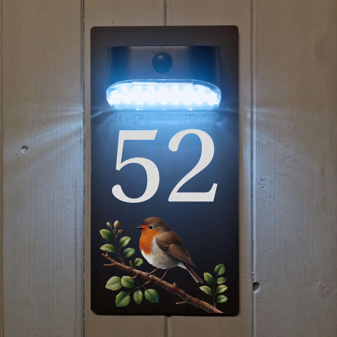 Robin on Branch Motion Sensor Solar House Number Sign - Image 2