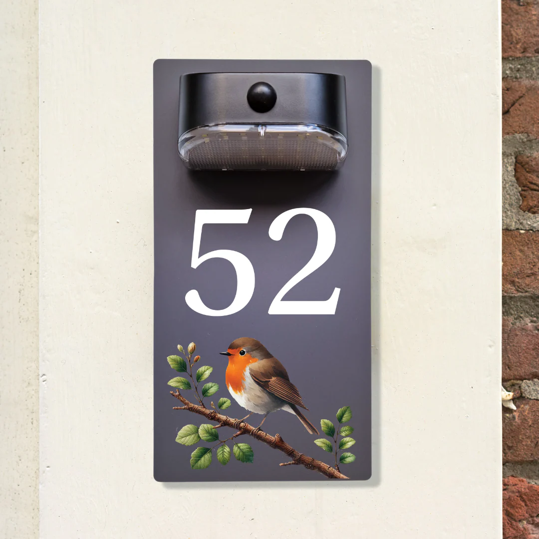 Robin on Branch Motion Sensor Solar House Number Sign - Image 3