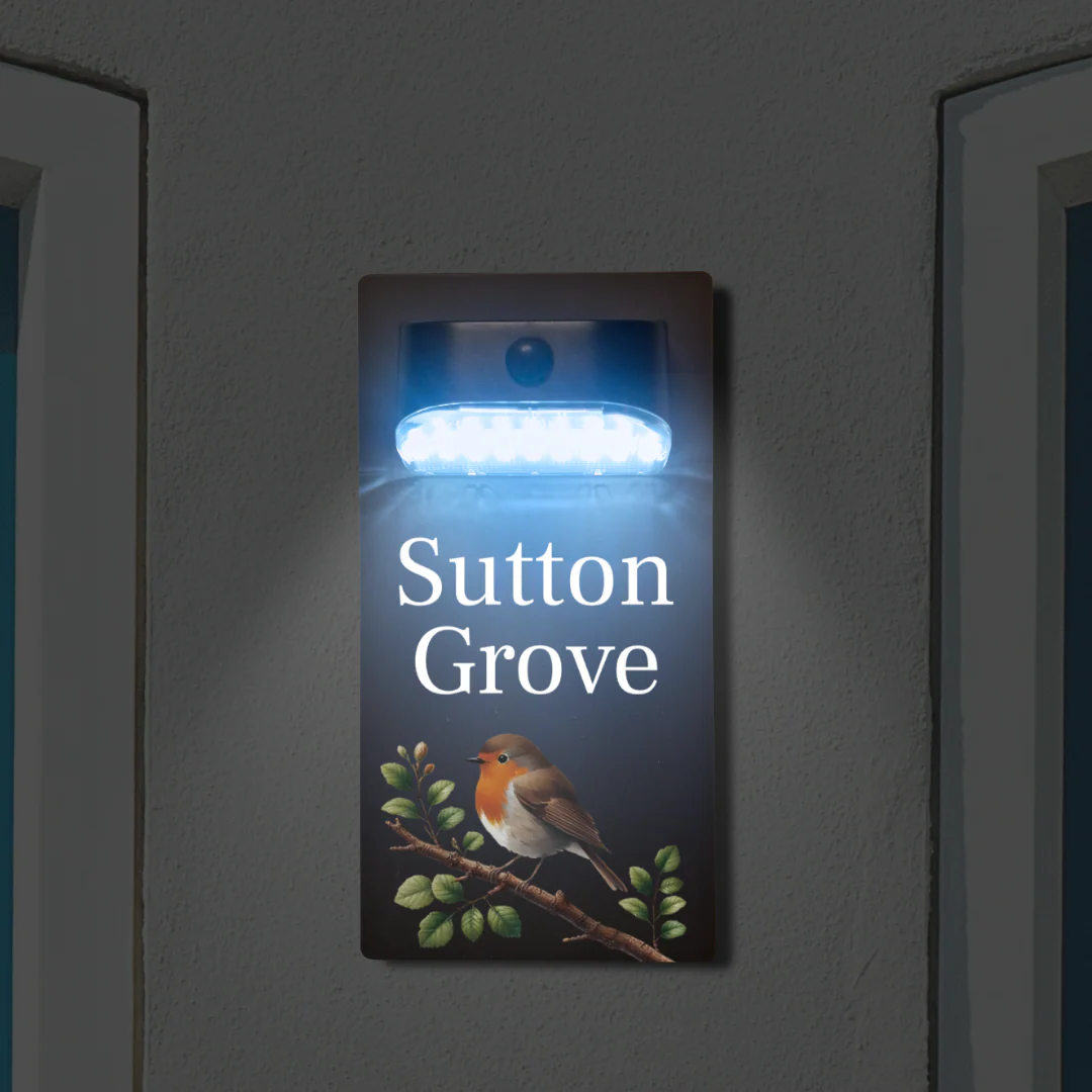 Robin on Branch Motion Sensor Solar House Name Sign - Image 3