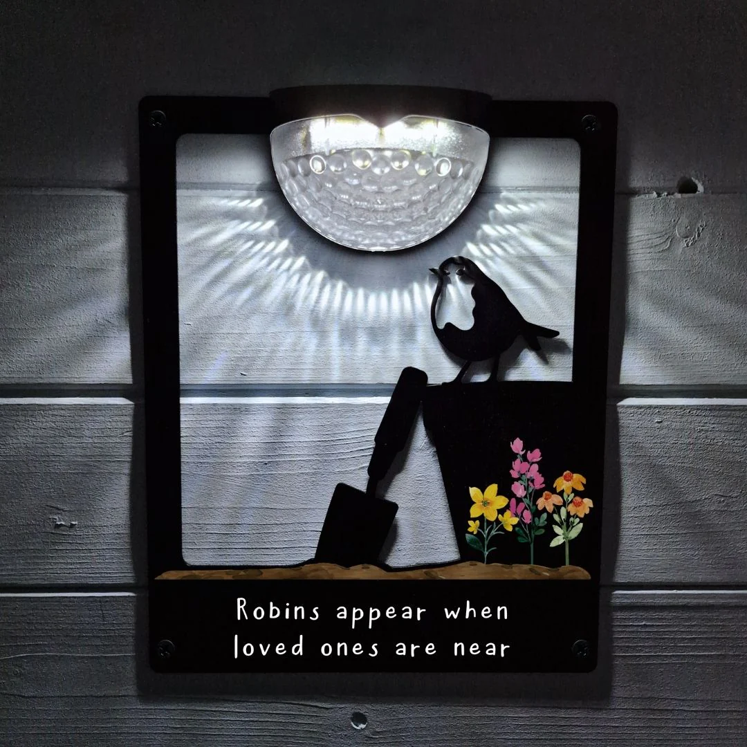 'Robins appear..' Robin on a Plant Pot Solar Light Wall Plaque - Image 2