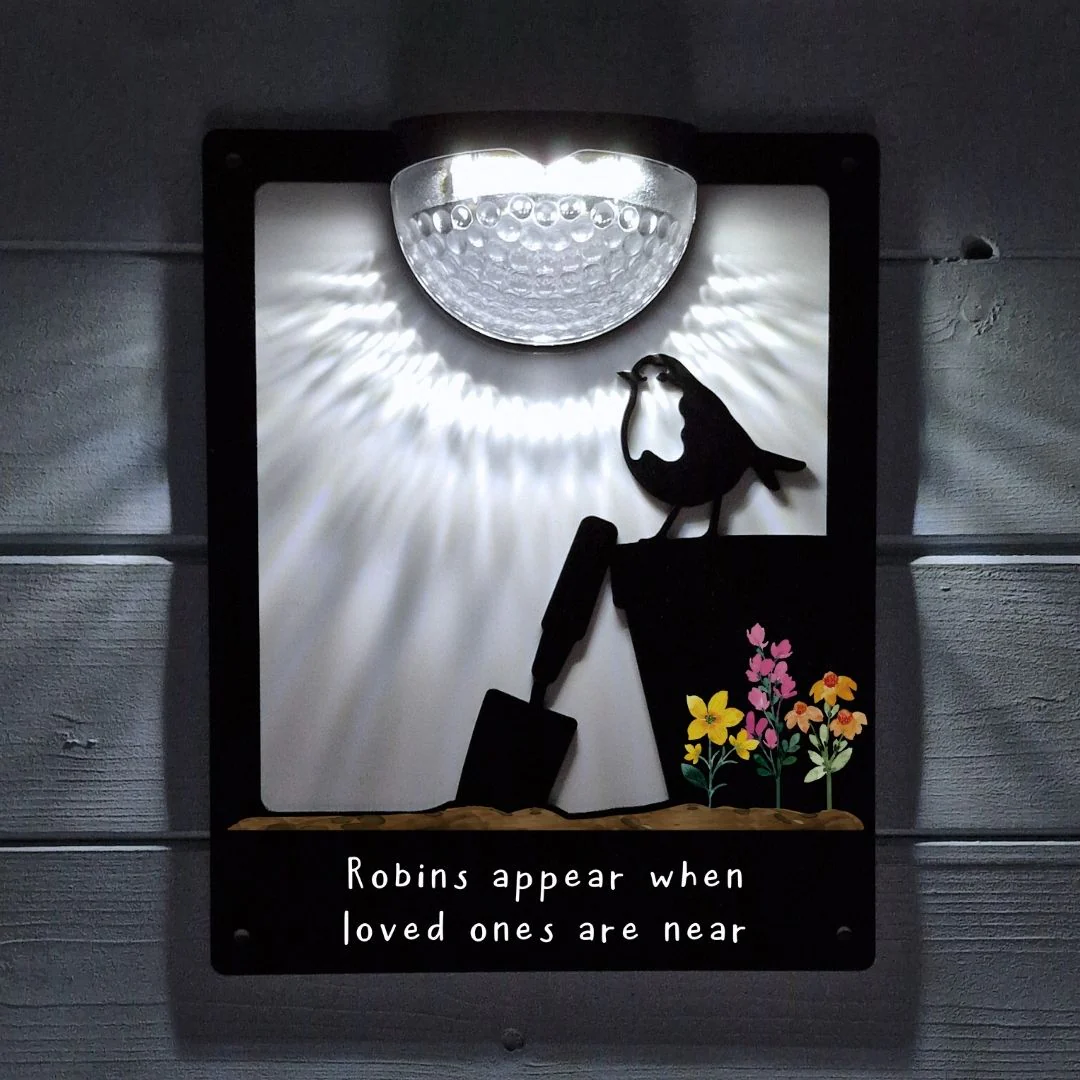 'Robins appear..' Robin on a Plant Pot Solar Light Wall Plaque - Image 4
