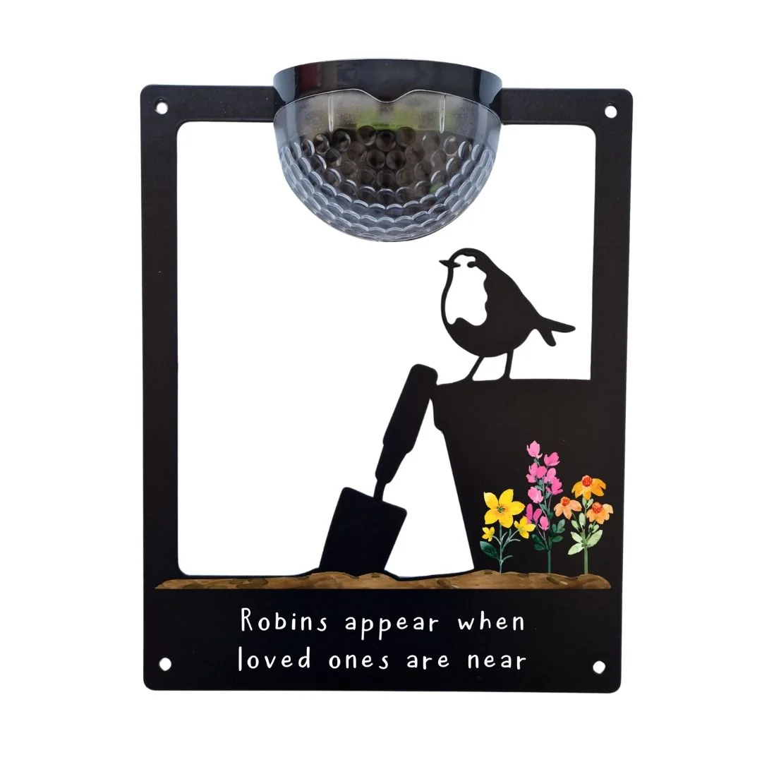 'Robins appear..' Robin on a Plant Pot Solar Light Wall Plaque - Image 7