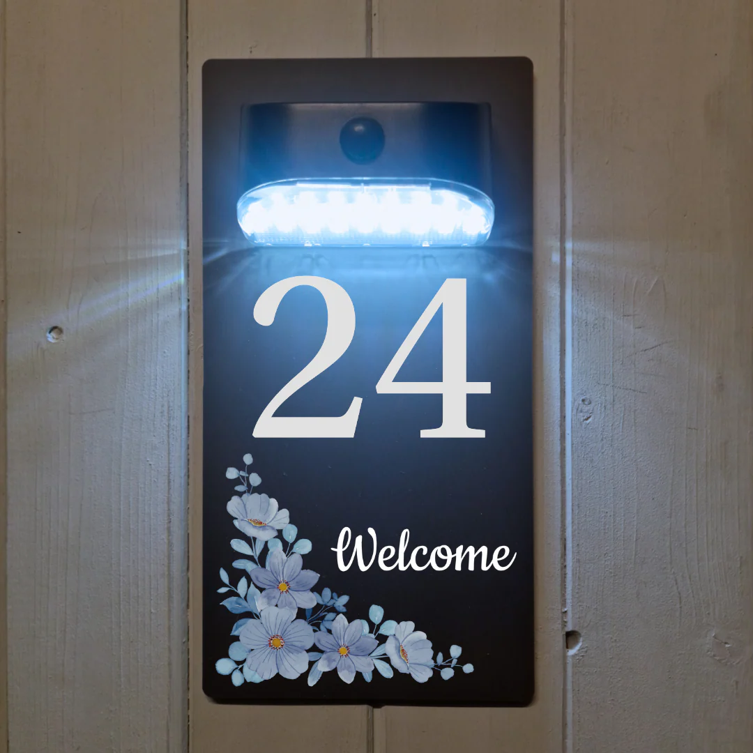 Welcome Blue Floral Motion Sensor Solar House Number Sign