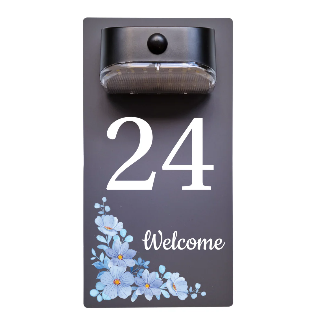 Welcome Blue Floral Motion Sensor Solar House Number Sign - Image 10