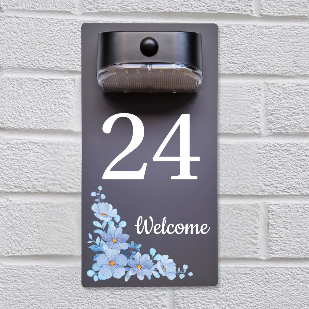 Welcome Blue Floral Motion Sensor Solar House Number Sign - Image 2