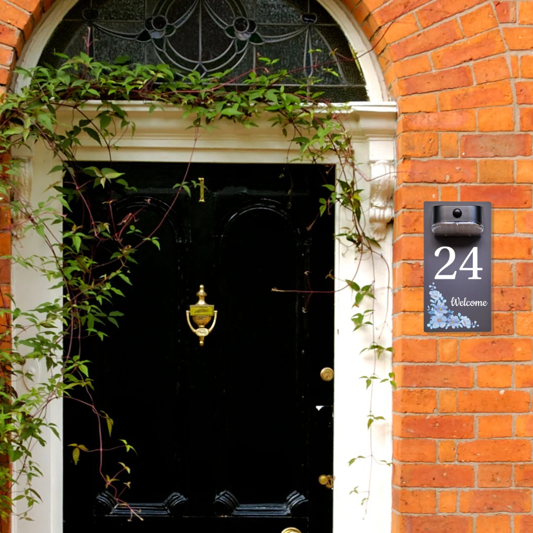 Welcome Blue Floral Motion Sensor Solar House Number Sign - Image 3