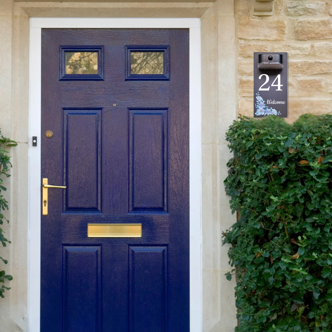 Welcome Blue Floral Motion Sensor Solar House Number Sign - Image 4